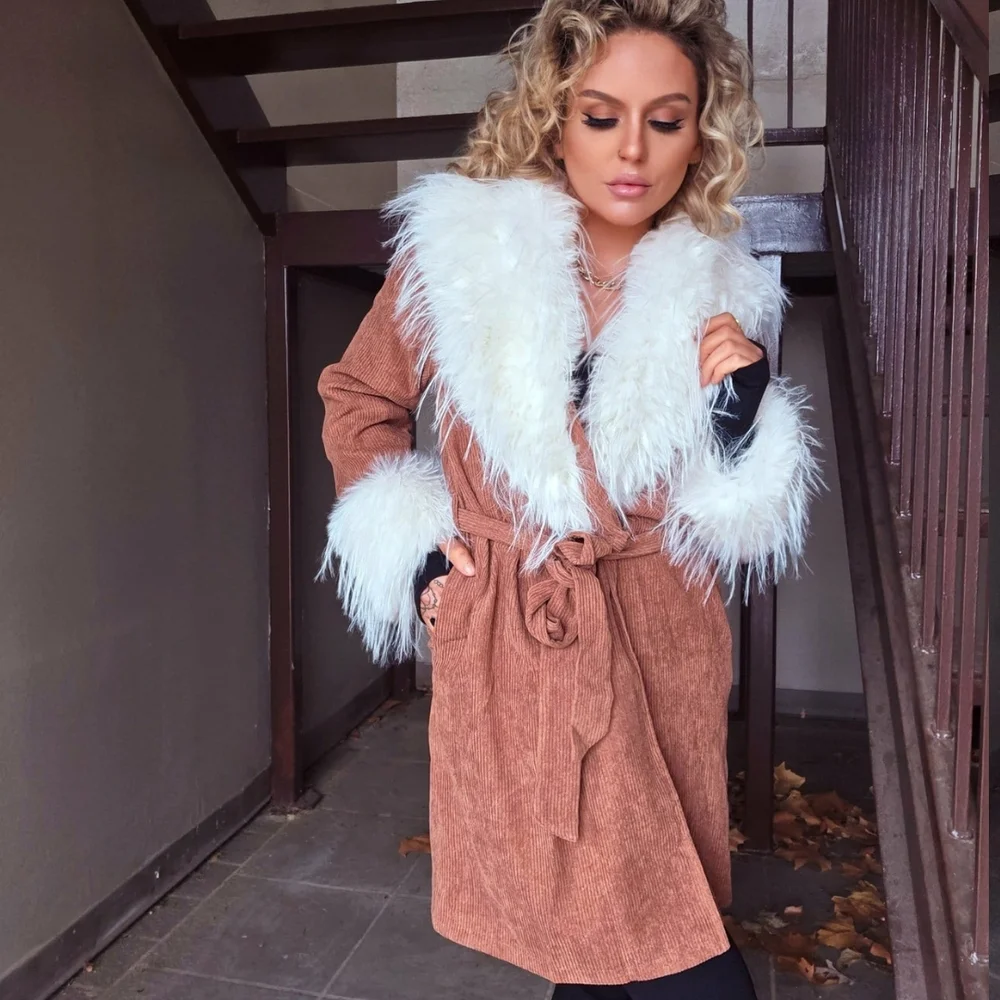 Corduroy Faux Fur Trim Belted Coat - Picture 4 of 5